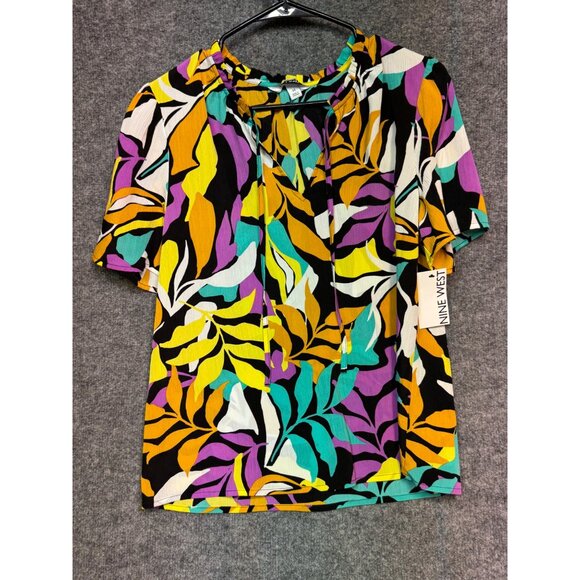 Nine West Top Women’s M Multicolor Abstract Leaf Print Short Sleeve Tie Neck Top - Picture 8 of 12